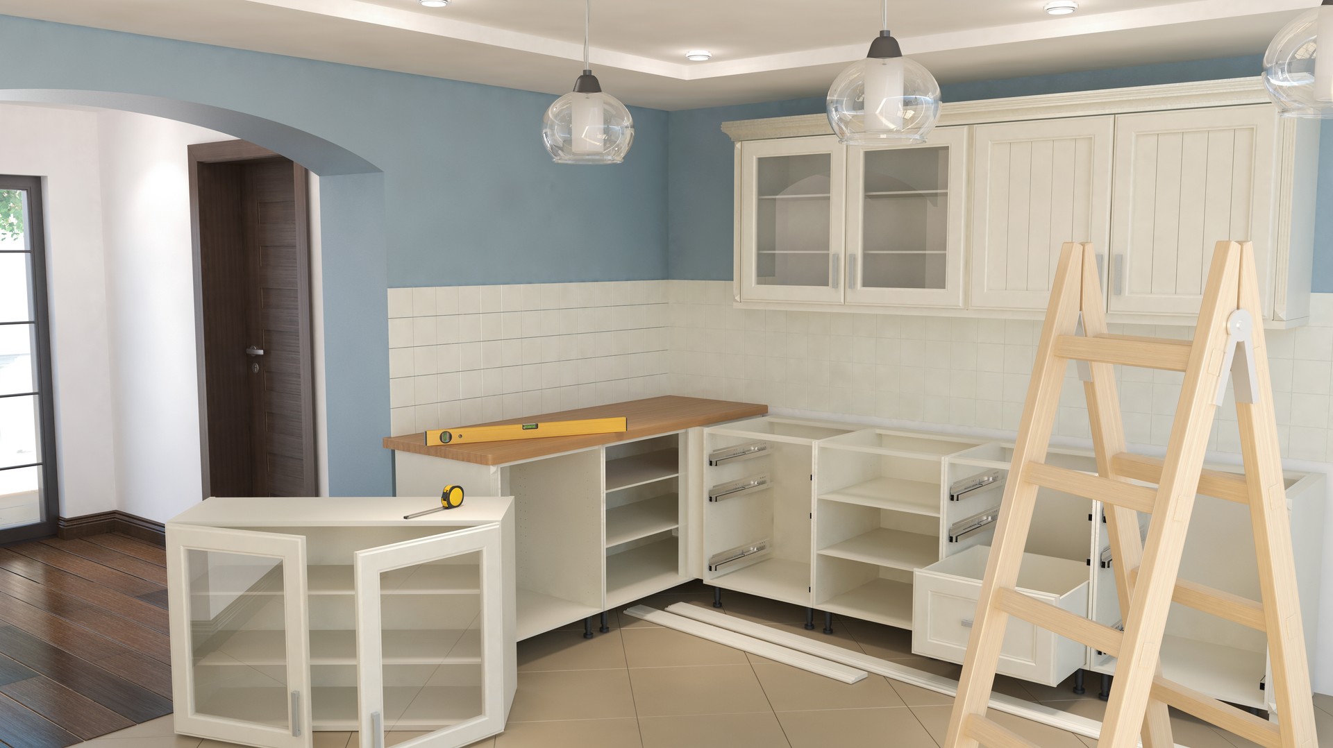 Assembly of kitchen furniture, 3D illustration